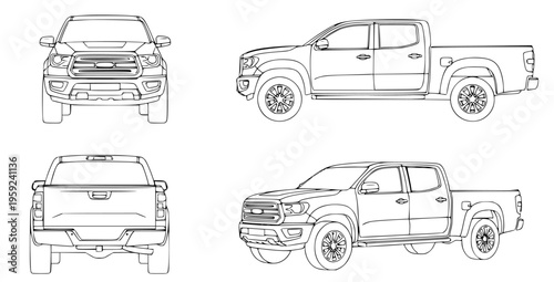 Comprehensive line art blueprint of a modern off-road pickup truck design, featuring multiple detailed engineering views for automotive concept development and vehicle manufacturing planning