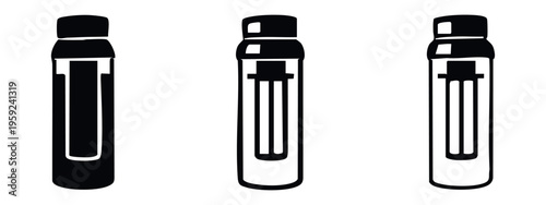 Black and white insulated bottle icons with internal straw or filter design.