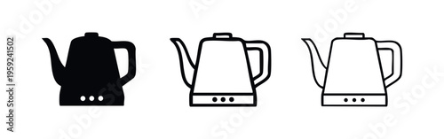 Gooseneck pour-over coffee kettle icon set in solid, thick line, and thin line styles, isolated on white background.