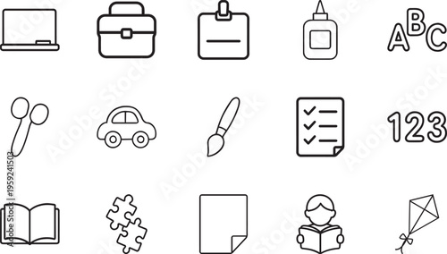 School education line vector icon set whiteboard book scissors ABC glue
