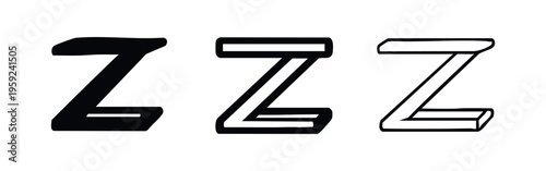 ZZZ sleep symbol icon set in solid, thick line, and thin line styles, indicating rest or tiredness, isolated on white background.