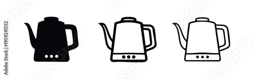 Pour-over coffee kettle icon set with gooseneck spout in solid, thick line, and thin line styles, isolated on white.