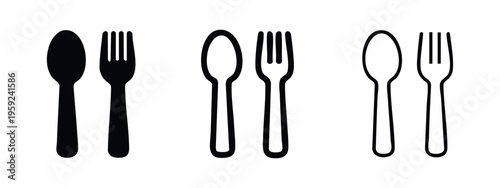 Spoon and Fork Icon Set. Cutlery symbols in solid, outlined, and line art styles for restaurant or kitchen design.
