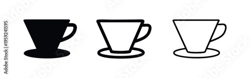 Pour-over coffee dripper cone icon set in solid, thick line, and thin line styles, isolated on white background.