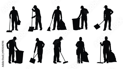 Silhouettes of people performing various cleaning tasks with cleaning tools