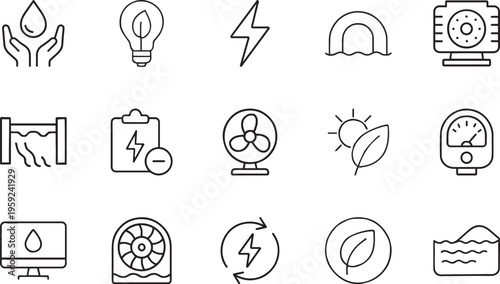Energy green line vector icon set lightbulb lightning water fan