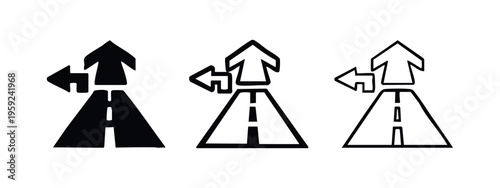Road with left and forward arrows icon set. Representing choice and alternative directions in a journey.