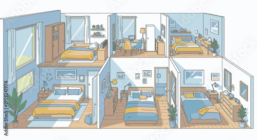 Infographic illustration of a modern apartment building's floor plan with multiple rooms and beds in a cutaway view.
