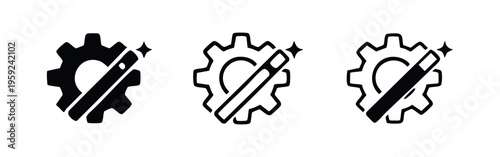 Magic settings icon, combining a gear and a sparkling magic wand, representing customization, creativity, and solutions.