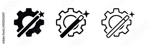 Creative solutions icon, a gear with a magic wand symbolizing innovation, customization, and efficient problem-solving.