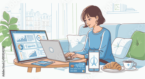 A woman works on her laptop and smartphone with a cup of coffee and croissant on a wooden table in a cozy living room with a city view.