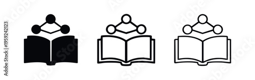 Knowledge sharing icon, an open book with a network structure above, representing education technology and information exchange.
