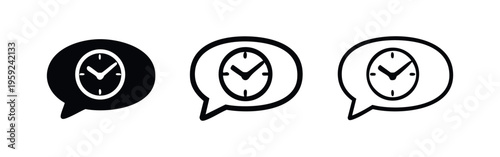 Time message chat bubble with clock icon set in solid, outline, and doodle styles for communication.