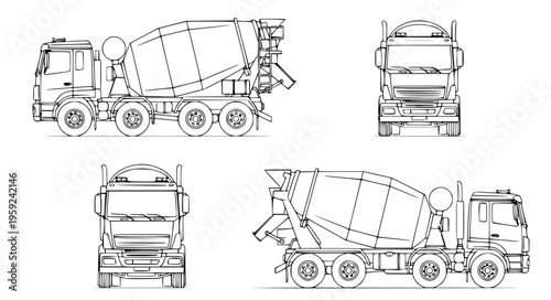 Engineering blueprint outline of a concrete mixer truck presented from multiple perspectives, illustrating its design and structure for heavy construction and transport applications