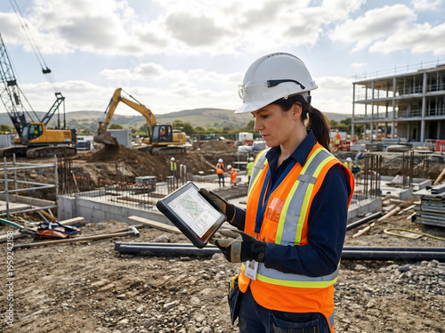 Engineer wearing helmet reviewing digital tablet on construction land site. real estate, land development, housing project, construction site, property investment
