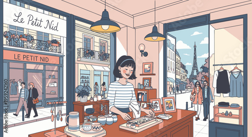 Woman working at a counter in a Parisian café with a striped shirt, surrounded by tableware and a bustling street scene outside with people walking.