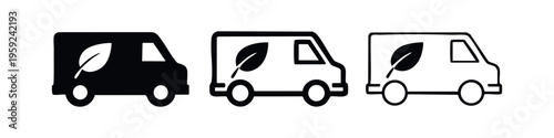 Eco-friendly delivery van with leaf symbol icon set for green logistics and sustainable transport.