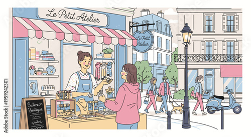 Illustration of a woman buying food from a baker in a colorful Parisian street scene with a striped awning and people walking by.