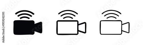 Live streaming video camera icon set. Wireless broadcast symbol for online video content.