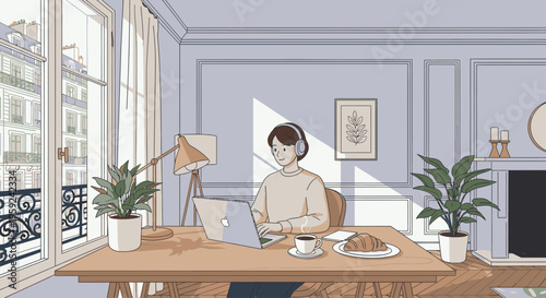 Young woman working on laptop with croissant and coffee in a cozy, modern home office with plants and soft natural light.