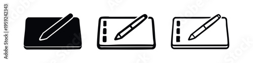 Drawing tablet with stylus icon set. Graphics tablet symbol for digital art, design, and creative work.