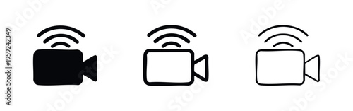 Live video streaming camera icon set. Wireless broadcast and recording symbol with signal waves for online media.