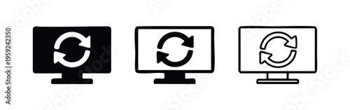 Computer monitor refresh icon set. System reload or update symbol for desktop screen, data synchronization concept.