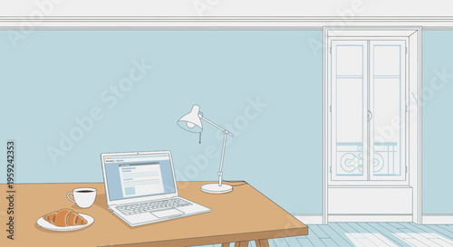 Flat lay of a laptop, coffee cup, and plate with pastry on a wooden desk in a light blue room with a white door and lamp.