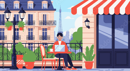 Illustration of a person working on a laptop at a sidewalk cafe with the Eiffel Tower in the background, surrounded by plants and a classic Parisian building.