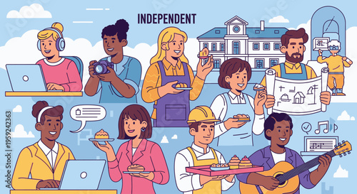 Illustration of diverse people engaging in various activities like working on laptops, playing music, and holding signs against a light blue background with buildings and clouds.