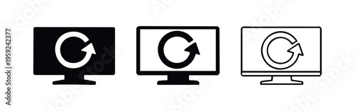Computer monitor refresh icon set. System reload or update symbol for desktop screen, data synchronization concept.