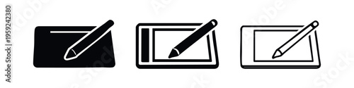 Graphics drawing tablet with pen icon set. Digital art device symbol for creative professionals and artists.