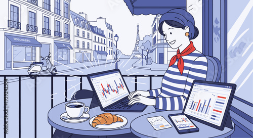 Illustration of a woman working on a laptop with a cup of coffee and a croissant on a Parisian cafe balcony with a city view.