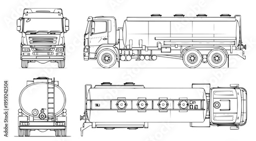 Detailed technical drawing concept of a heavy-duty tanker truck, presented in multiple orthogonal views for industrial transport and liquid logistics design