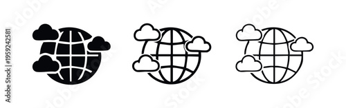 Global Network and Cloud Internet Icon Set: Earth with Grid and Clouds