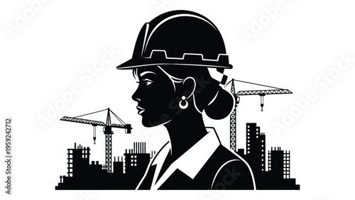 Silhouette of a female construction worker in front of a city skyline with cranes