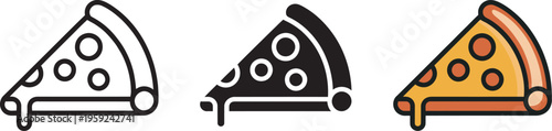 Pizza slice icon, pepperoni piece vector, pizzeria logo, salami pizza symbol, fast food sign, three style variations, food illustration