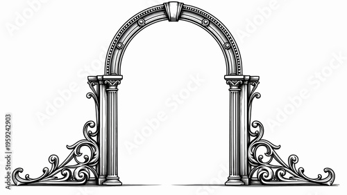 Minimalist black line art illustration of an elegant floral wedding arch decorated with beautiful blooming flowers for romantic event planning and delicate decor.