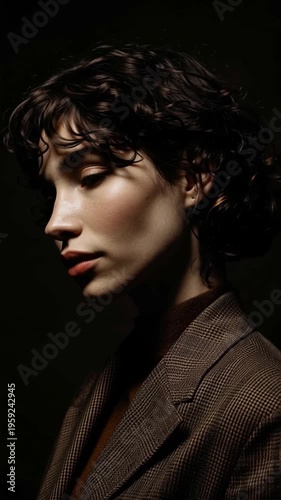 Modern woman standing by window in golden hour light