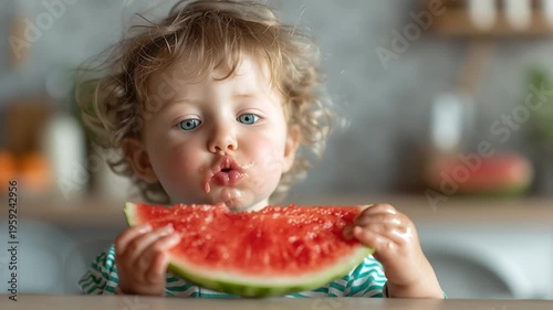 Toddler eating watermelon slice with sticky hands