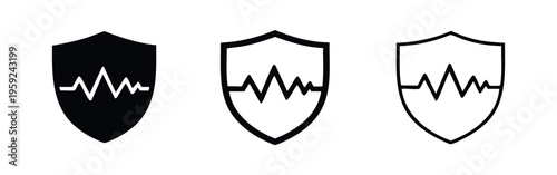 Shield with heartbeat icon set. Health protection, medical security, and cardiac safety symbols.