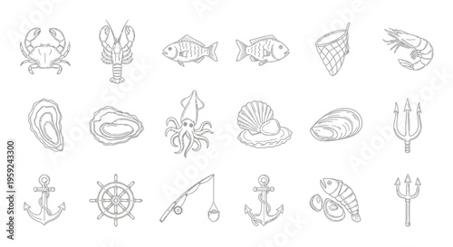 Diverse Sea Creatures Illustration Set Featuring Crabs Fish and Shells