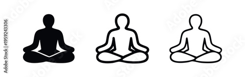 Meditation lotus pose icons set, symbolizing relaxation, yoga, and mindfulness for wellness.