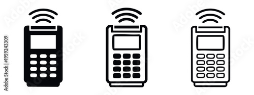 POS terminal and contactless payment icons, symbolizing modern transaction technology and retail.
