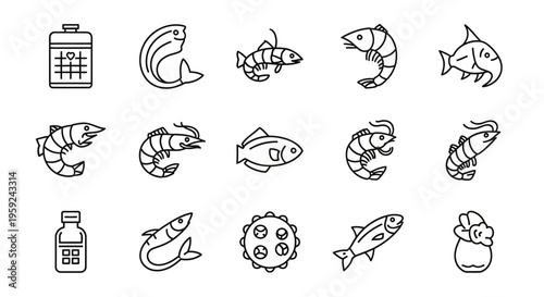 Diverse Seafood Illustration Featuring Fish, Shrimp, and Clams for Culinary Use