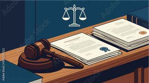 Law, justice, courtroom, gavel, documents, scales of justice, legal, wooden desk
