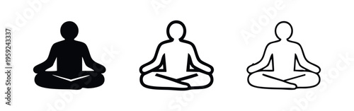 Yoga and meditation icons in lotus position, representing peace, spirituality, and wellness.