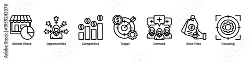 Market Intelligence web banner icon vector illustration with Market Share,Opportunities,Competitive,Target,Demand,Best Price,and Focusing