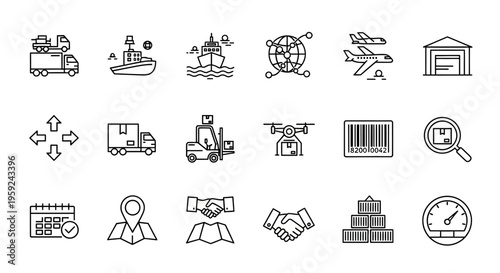 Diverse Transportation and Logistics Icons Set for Business and Industry