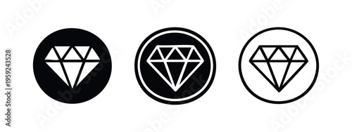 Diamond icon set in circular frames, representing luxury, jewel, or premium quality in various styles.